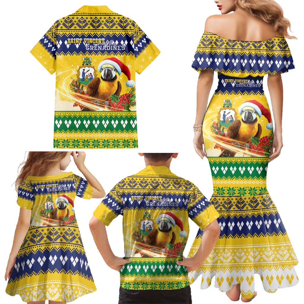 Saint Vincent And The Grenadines Christmas Family Matching Mermaid Dress and Hawaiian Shirt Santa Vincent Parrot With Coat Of Arms - Wonder Print Shop