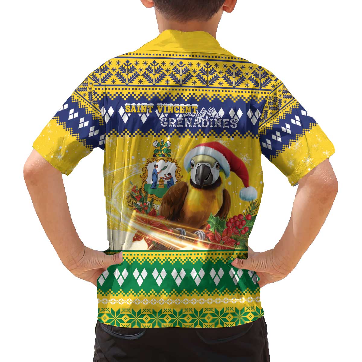 Saint Vincent And The Grenadines Christmas Family Matching Off The Shoulder Long Sleeve Dress and Hawaiian Shirt Santa Vincent Parrot With Coat Of Arms - Wonder Print Shop