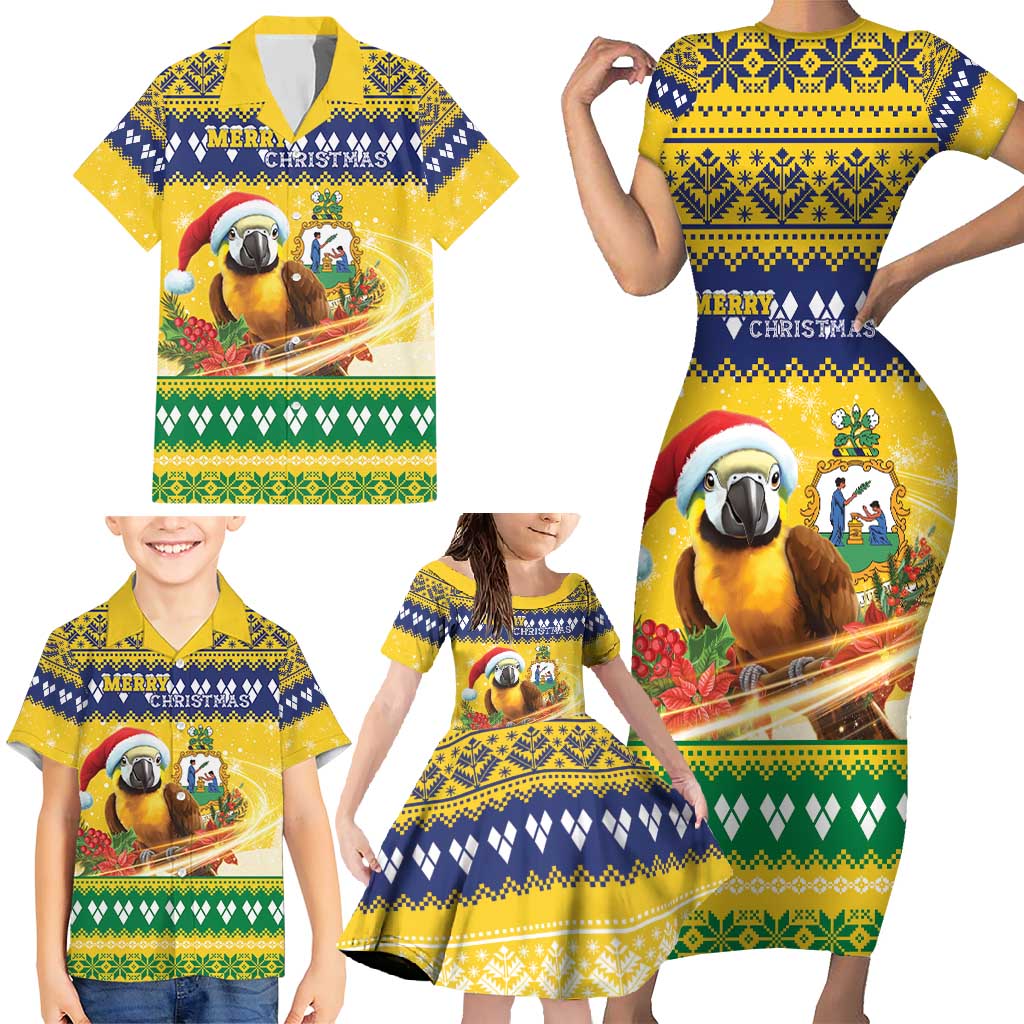 Saint Vincent And The Grenadines Christmas Family Matching Short Sleeve Bodycon Dress and Hawaiian Shirt Santa Vincent Parrot With Coat Of Arms - Wonder Print Shop