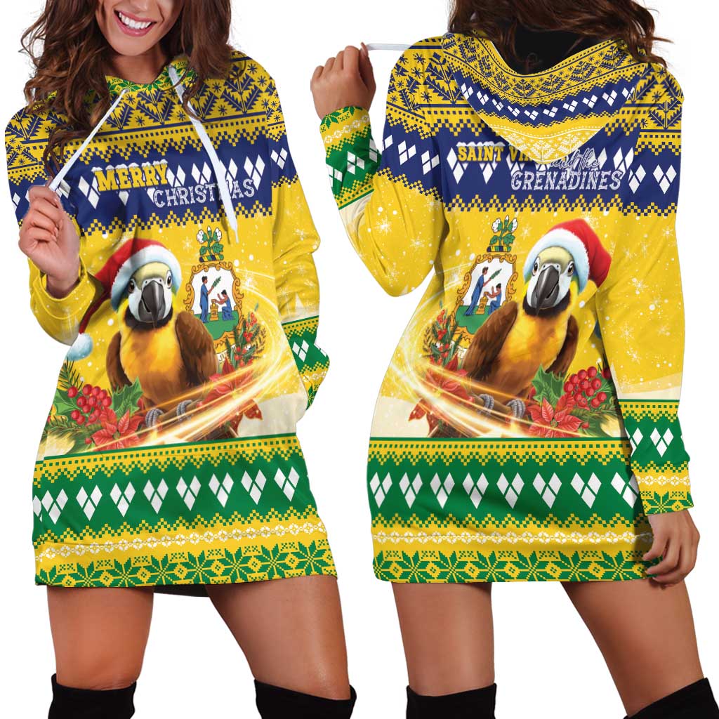 Saint Vincent And The Grenadines Christmas Hoodie Dress Santa Vincent Parrot With Coat Of Arms - Wonder Print Shop