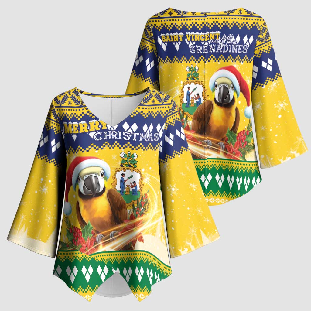 Saint Vincent And The Grenadines Christmas Kimono Sleeve Blouse Santa Vincent Parrot With Coat Of Arms - Wonder Print Shop
