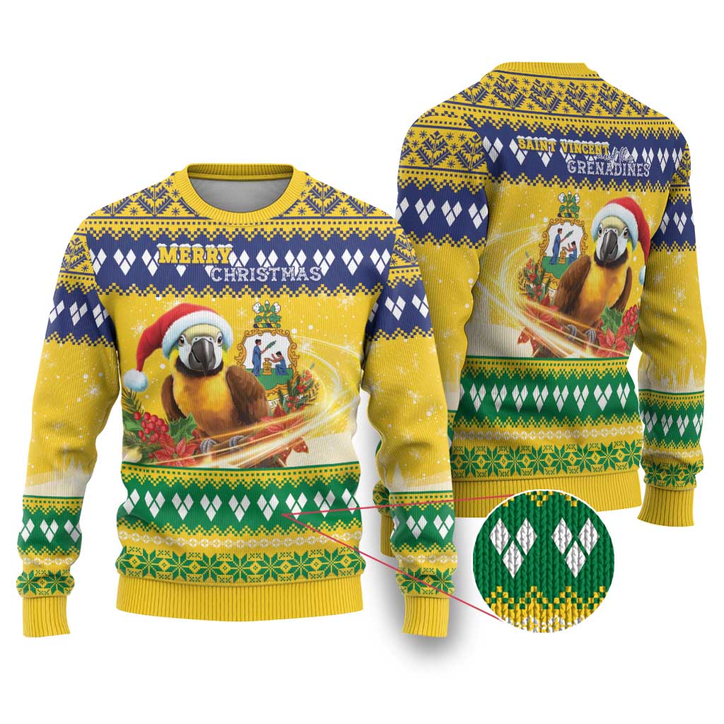 Saint Vincent And The Grenadines Christmas Ugly Christmas Sweater Santa Vincent Parrot With Coat Of Arms - Wonder Print Shop