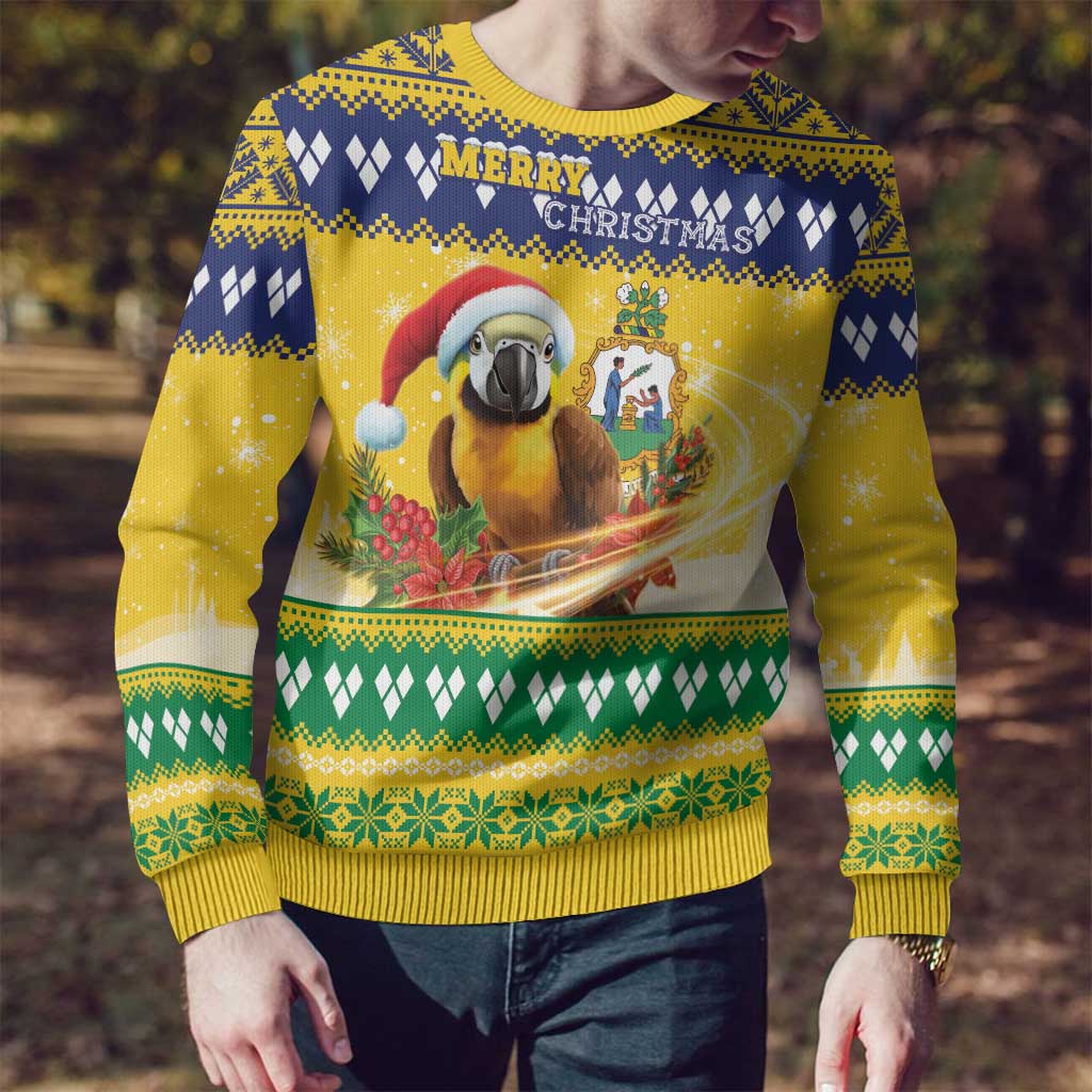 Saint Vincent And The Grenadines Christmas Ugly Christmas Sweater Santa Vincent Parrot With Coat Of Arms - Wonder Print Shop