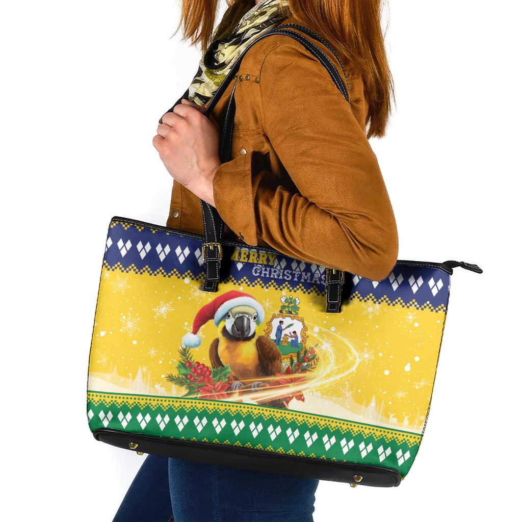Saint Vincent And The Grenadines Christmas Leather Tote Bag Santa Vincent Parrot With Coat Of Arms - Wonder Print Shop