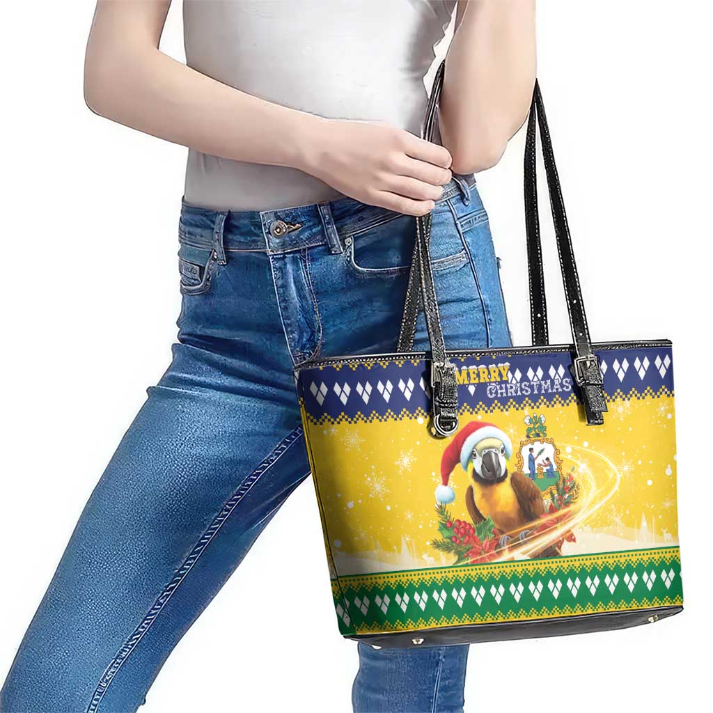 Saint Vincent And The Grenadines Christmas Leather Tote Bag Santa Vincent Parrot With Coat Of Arms - Wonder Print Shop
