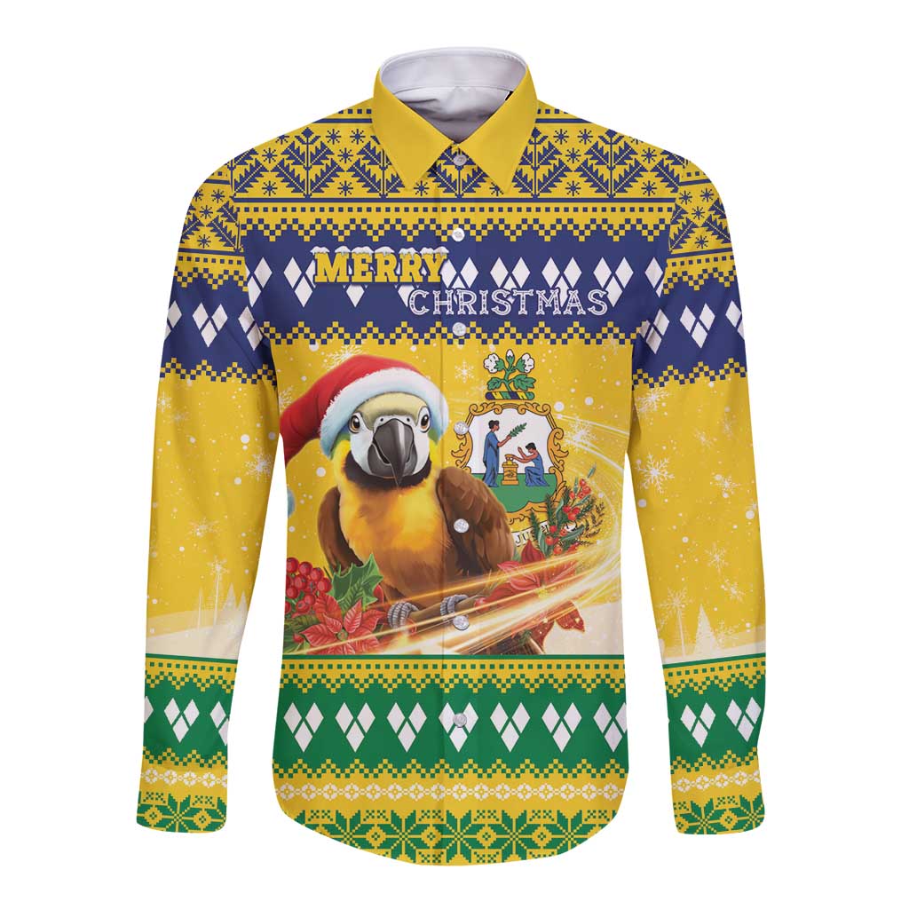 Saint Vincent And The Grenadines Christmas Long Sleeve Button Shirt Santa Vincent Parrot With Coat Of Arms - Wonder Print Shop
