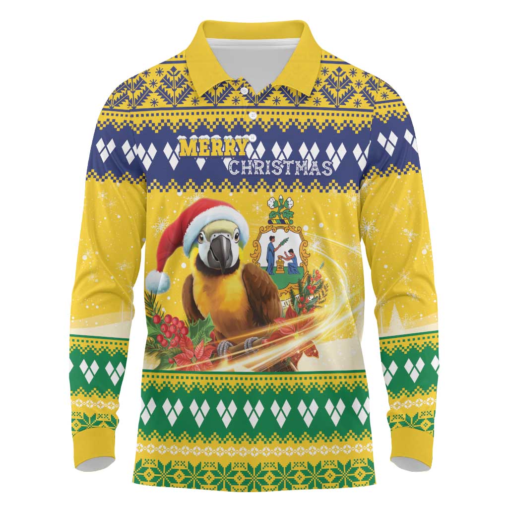 Saint Vincent And The Grenadines Christmas Long Sleeve Polo Shirt Santa Vincent Parrot With Coat Of Arms - Wonder Print Shop