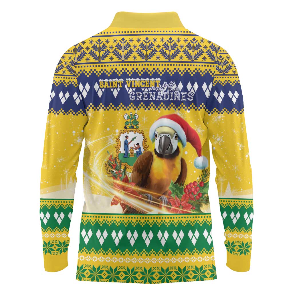 Saint Vincent And The Grenadines Christmas Long Sleeve Polo Shirt Santa Vincent Parrot With Coat Of Arms - Wonder Print Shop