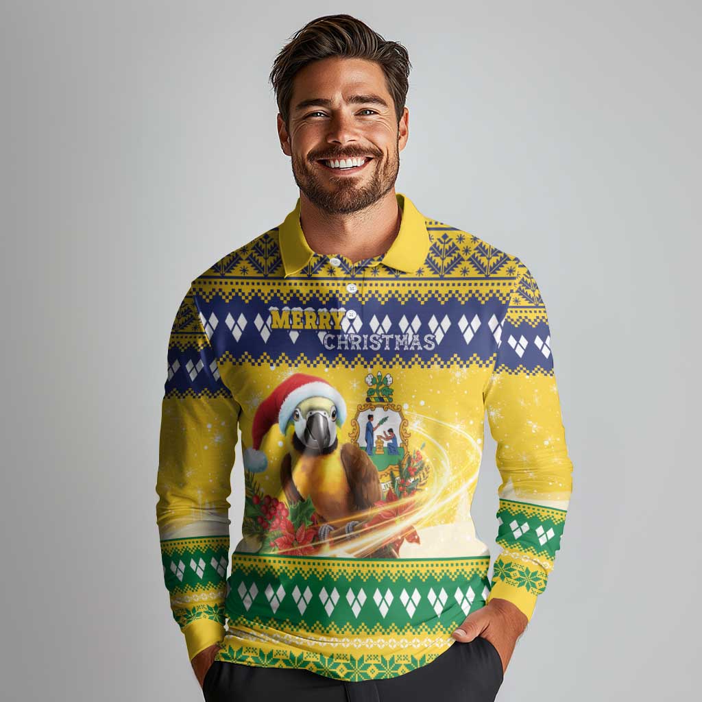 Saint Vincent And The Grenadines Christmas Long Sleeve Polo Shirt Santa Vincent Parrot With Coat Of Arms - Wonder Print Shop