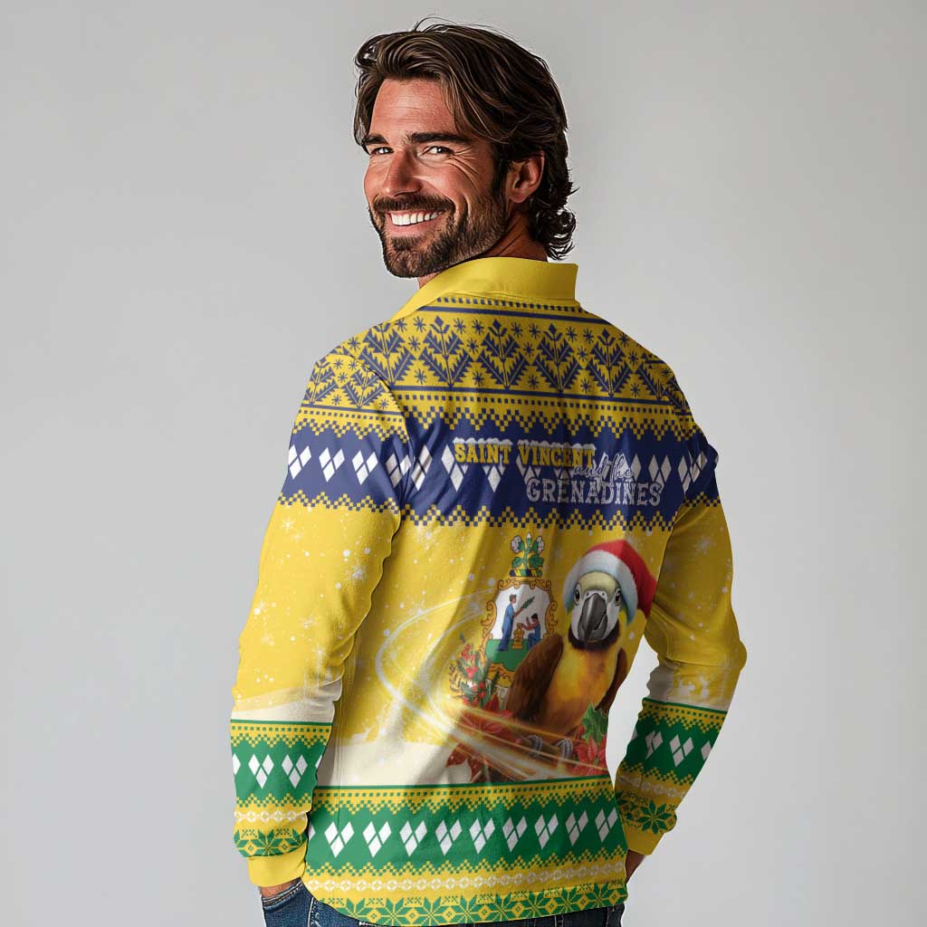 Saint Vincent And The Grenadines Christmas Long Sleeve Polo Shirt Santa Vincent Parrot With Coat Of Arms - Wonder Print Shop