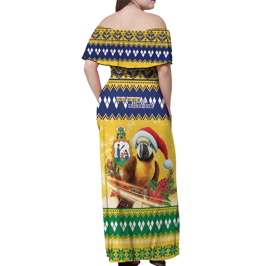 Saint Vincent And The Grenadines Christmas Off Shoulder Maxi Dress Santa Vincent Parrot With Coat Of Arms - Wonder Print Shop