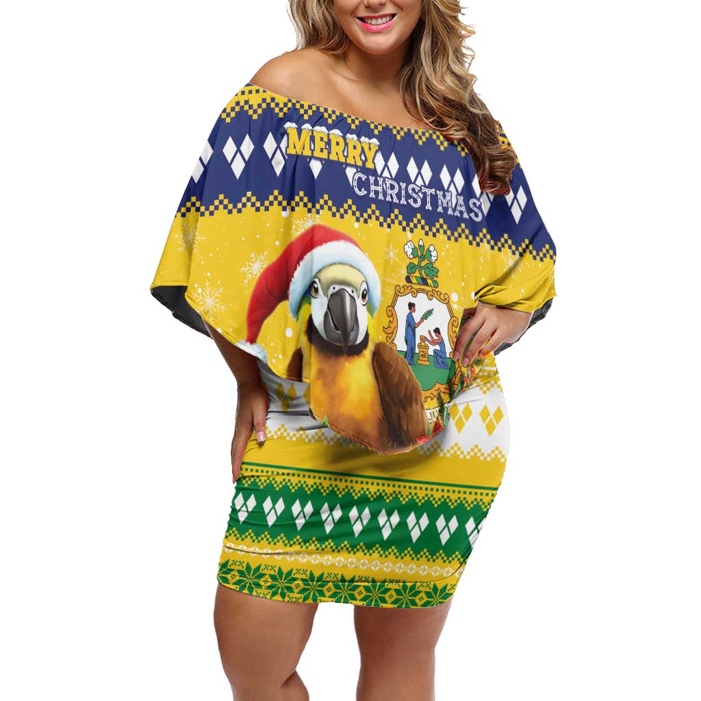 Saint Vincent And The Grenadines Christmas Off Shoulder Short Dress Santa Vincent Parrot With Coat Of Arms - Wonder Print Shop