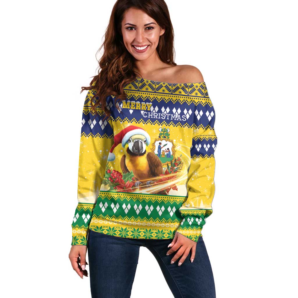Saint Vincent And The Grenadines Christmas Off Shoulder Sweater Santa Vincent Parrot With Coat Of Arms - Wonder Print Shop