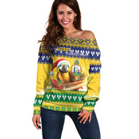 Saint Vincent And The Grenadines Christmas Off Shoulder Sweater Santa Vincent Parrot With Coat Of Arms - Wonder Print Shop