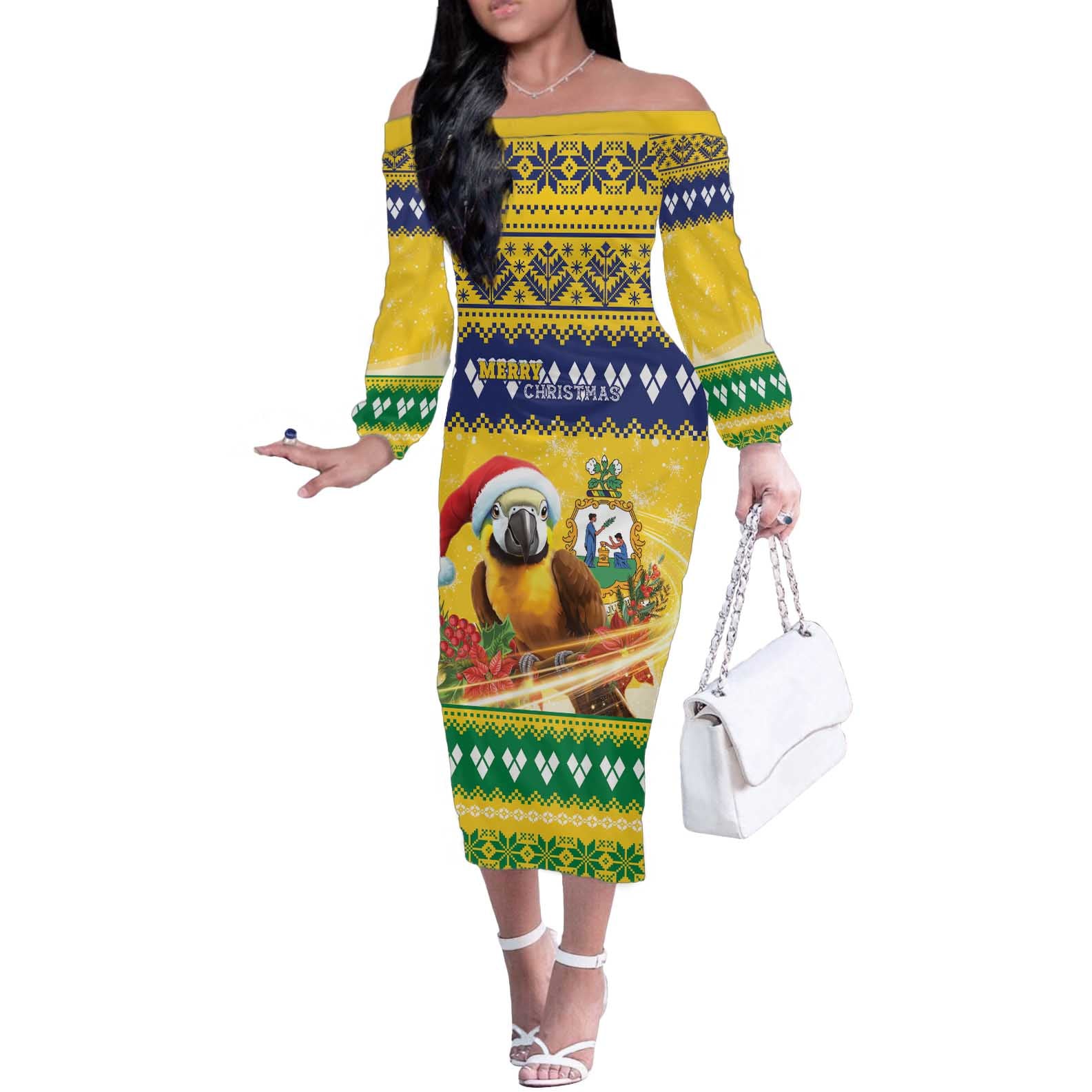 Saint Vincent And The Grenadines Christmas Off The Shoulder Long Sleeve Dress Santa Vincent Parrot With Coat Of Arms - Wonder Print Shop