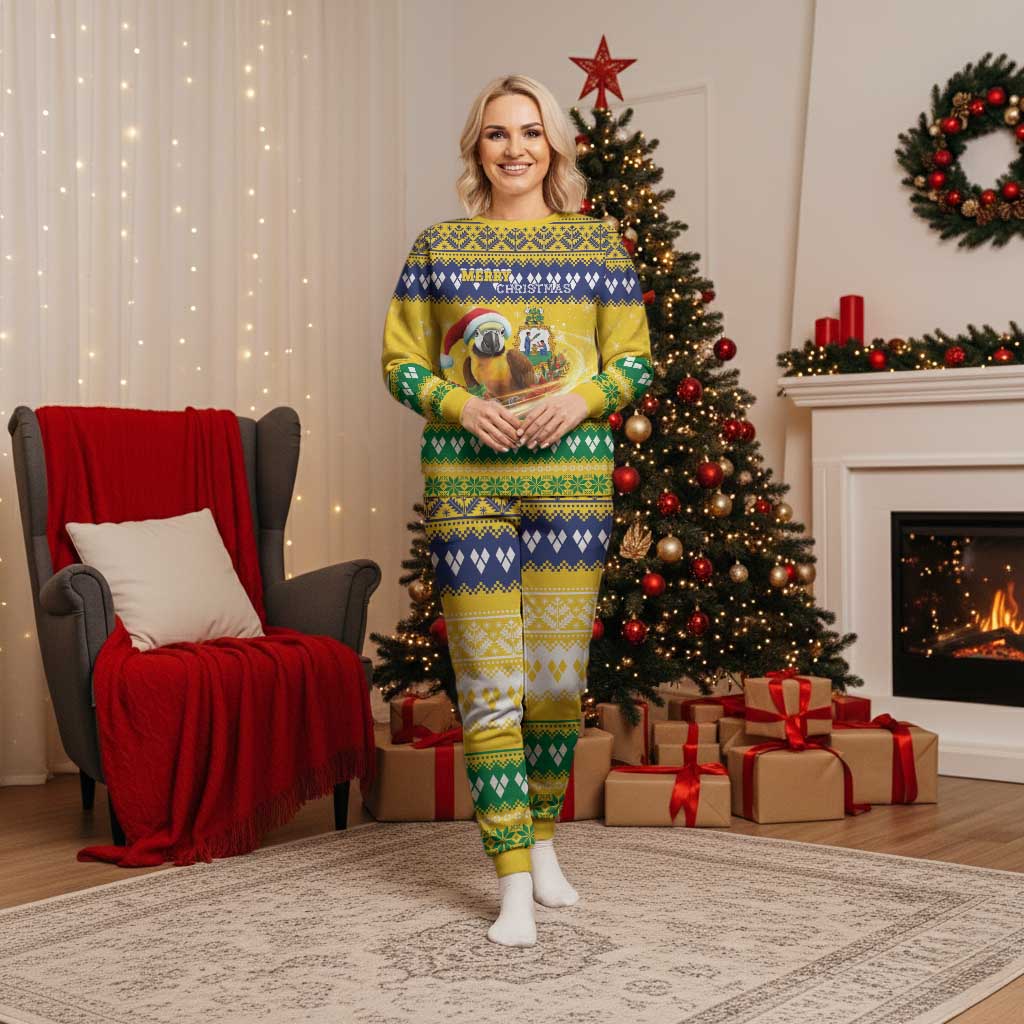 Saint Vincent And The Grenadines Christmas Pajama Set Santa Vincent Parrot With Coat Of Arms - Wonder Print Shop