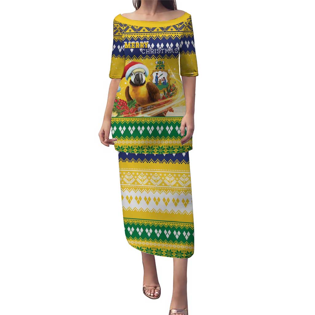 Saint Vincent And The Grenadines Christmas Puletasi Santa Vincent Parrot With Coat Of Arms - Wonder Print Shop