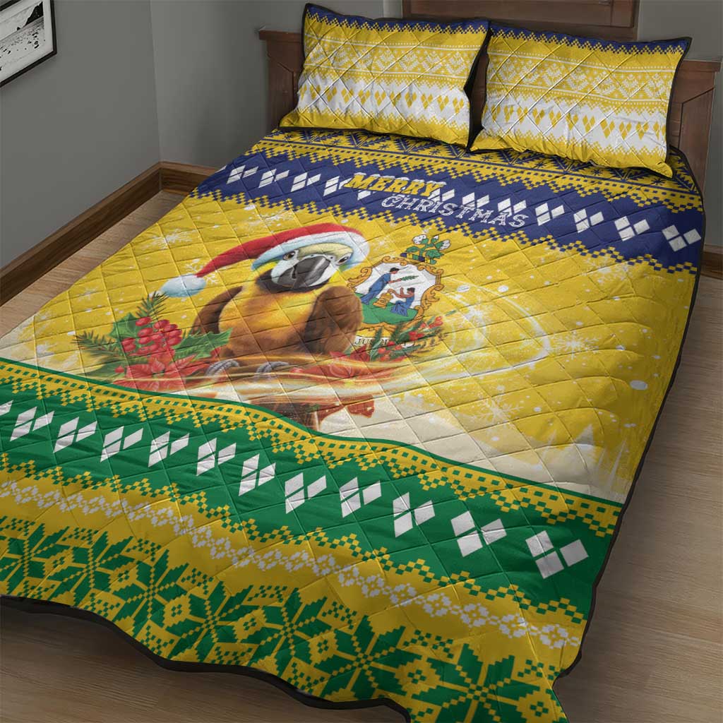 Saint Vincent And The Grenadines Christmas Quilt Bed Set Santa Vincent Parrot With Coat Of Arms - Wonder Print Shop