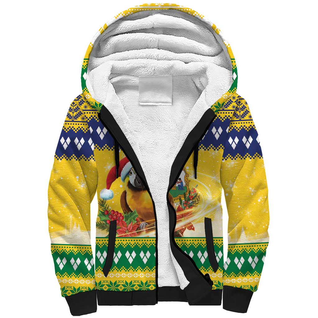 Saint Vincent And The Grenadines Christmas Sherpa Hoodie Santa Vincent Parrot With Coat Of Arms - Wonder Print Shop