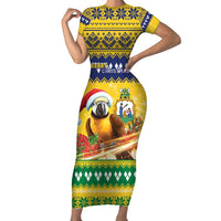Saint Vincent And The Grenadines Christmas Short Sleeve Bodycon Dress Santa Vincent Parrot With Coat Of Arms - Wonder Print Shop