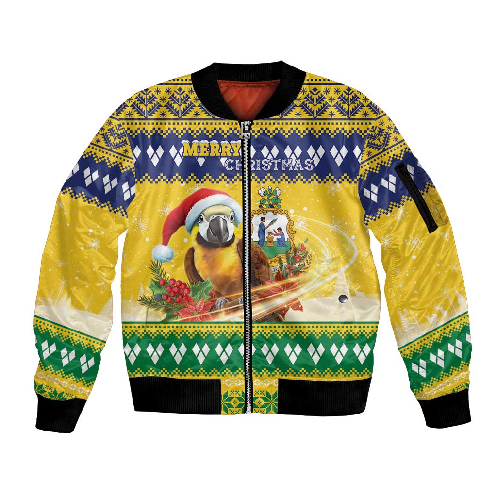 Saint Vincent And The Grenadines Christmas Sleeve Zip Bomber Jacket Santa Vincent Parrot With Coat Of Arms - Wonder Print Shop