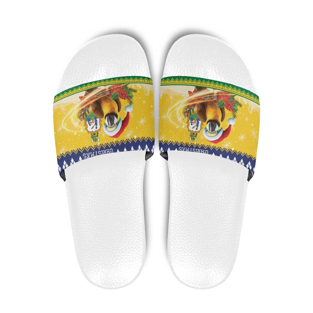Saint Vincent And The Grenadines Christmas Slide Sandals Santa Vincent Parrot With Coat Of Arms - Wonder Print Shop