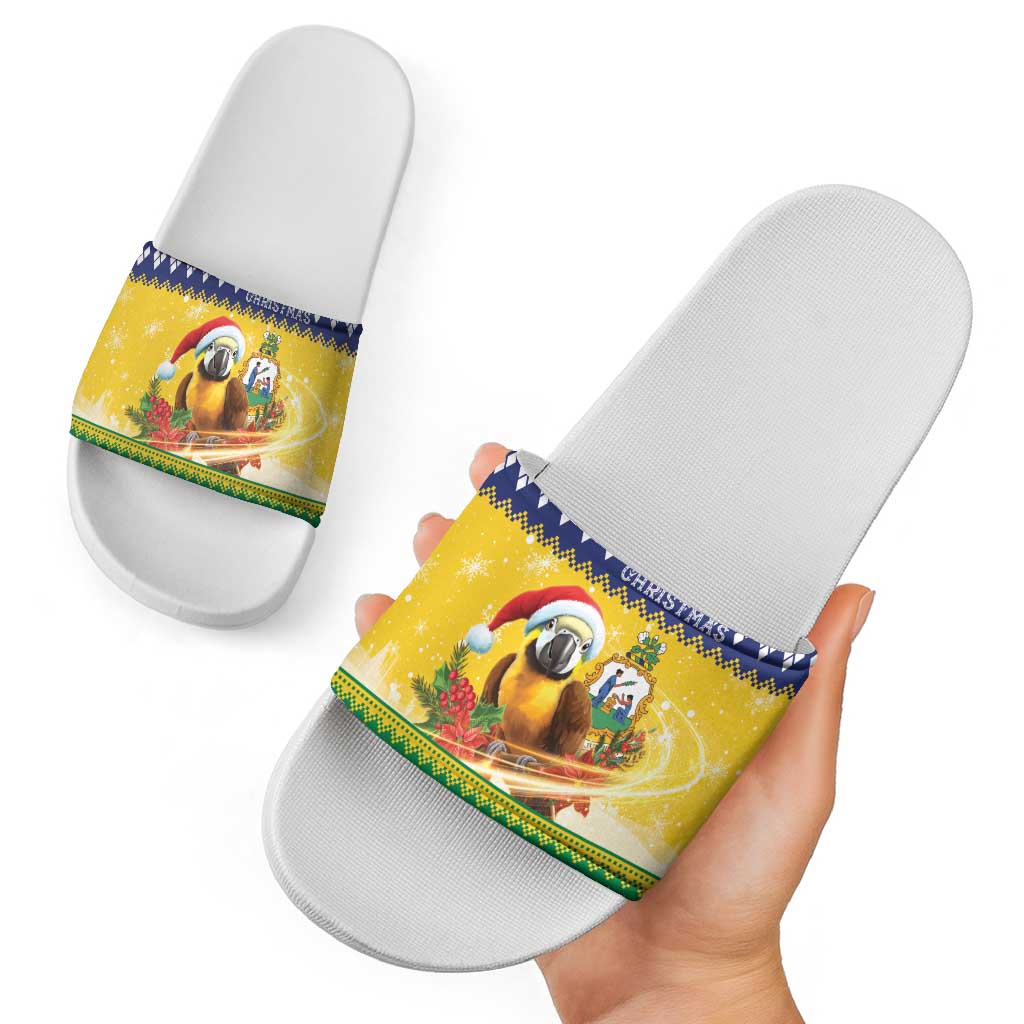 Saint Vincent And The Grenadines Christmas Slide Sandals Santa Vincent Parrot With Coat Of Arms - Wonder Print Shop