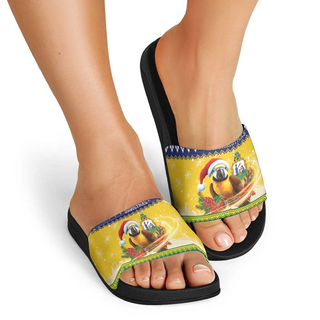 Saint Vincent And The Grenadines Christmas Slide Sandals Santa Vincent Parrot With Coat Of Arms - Wonder Print Shop