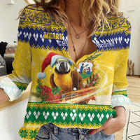 Saint Vincent And The Grenadines Christmas Women Casual Shirt Santa Vincent Parrot With Coat Of Arms - Wonder Print Shop