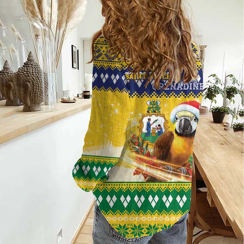 Saint Vincent And The Grenadines Christmas Women Casual Shirt Santa Vincent Parrot With Coat Of Arms - Wonder Print Shop