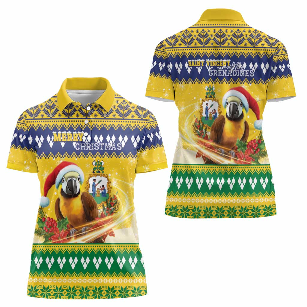 Saint Vincent And The Grenadines Christmas Women Polo Shirt Santa Vincent Parrot With Coat Of Arms - Wonder Print Shop