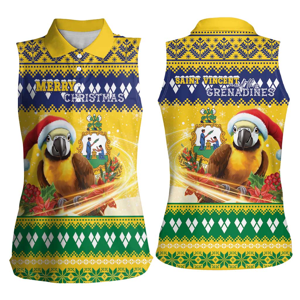 Saint Vincent And The Grenadines Christmas Women Sleeveless Polo Shirt Santa Vincent Parrot With Coat Of Arms - Wonder Print Shop