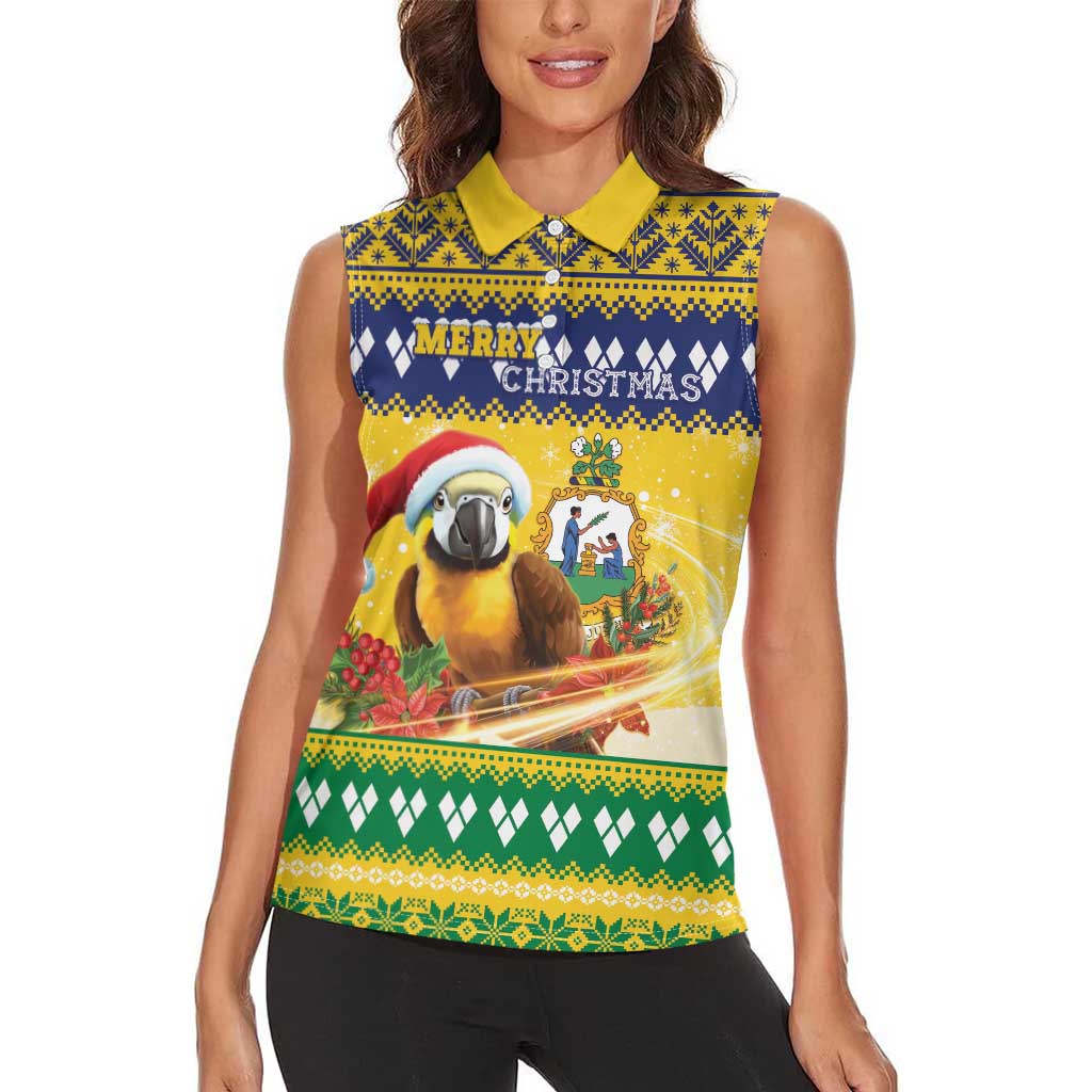 Saint Vincent And The Grenadines Christmas Women Sleeveless Polo Shirt Santa Vincent Parrot With Coat Of Arms - Wonder Print Shop