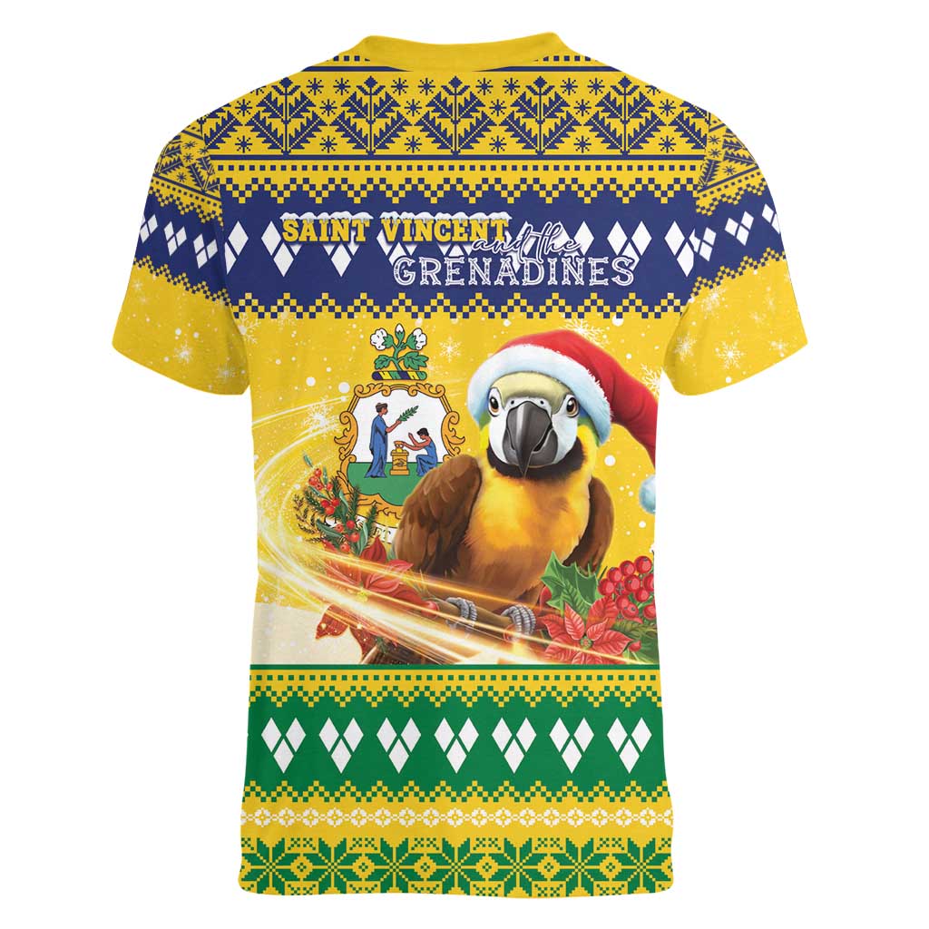 Saint Vincent And The Grenadines Christmas Women V-Neck T-Shirt Santa Vincent Parrot With Coat Of Arms - Wonder Print Shop