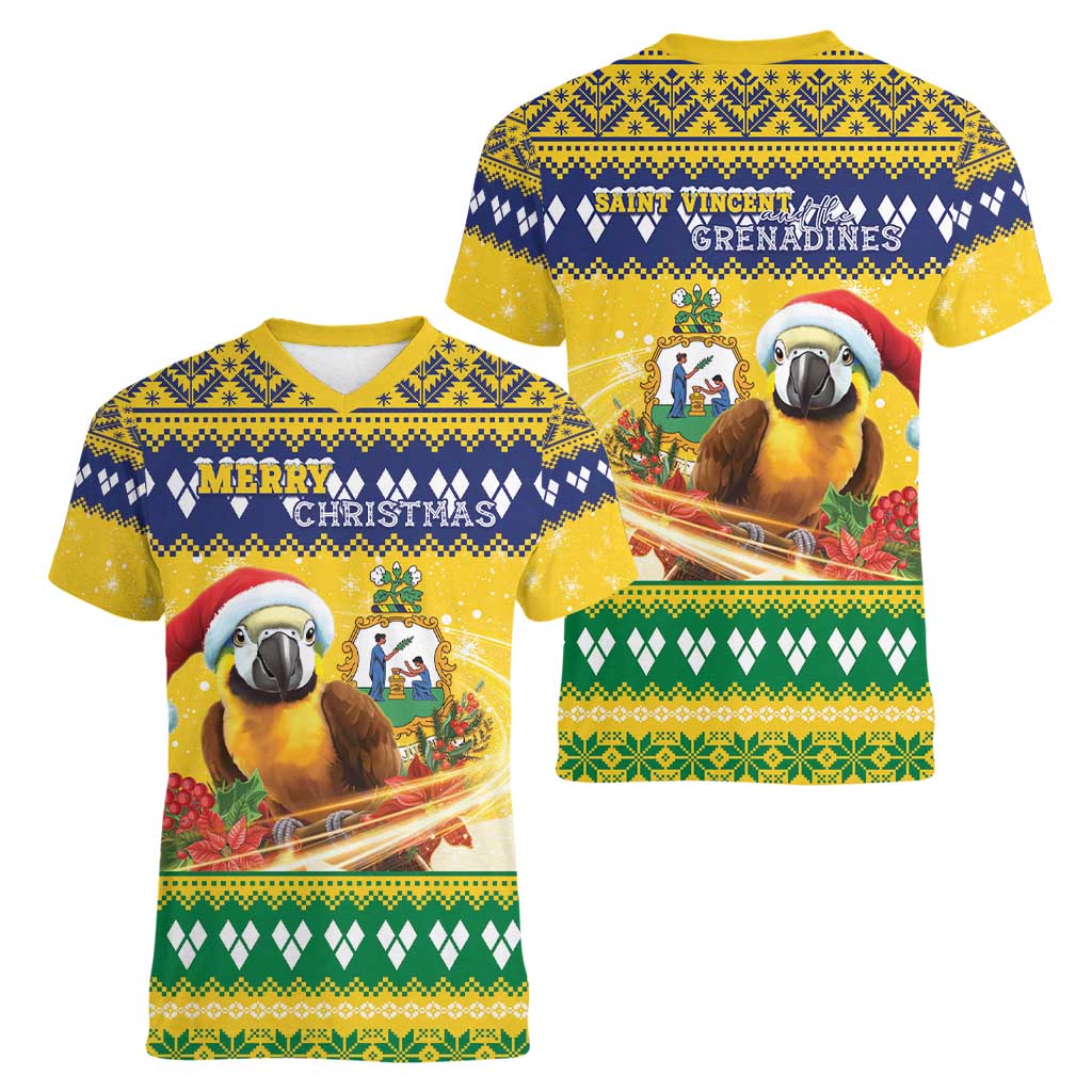 Saint Vincent And The Grenadines Christmas Women V-Neck T-Shirt Santa Vincent Parrot With Coat Of Arms - Wonder Print Shop