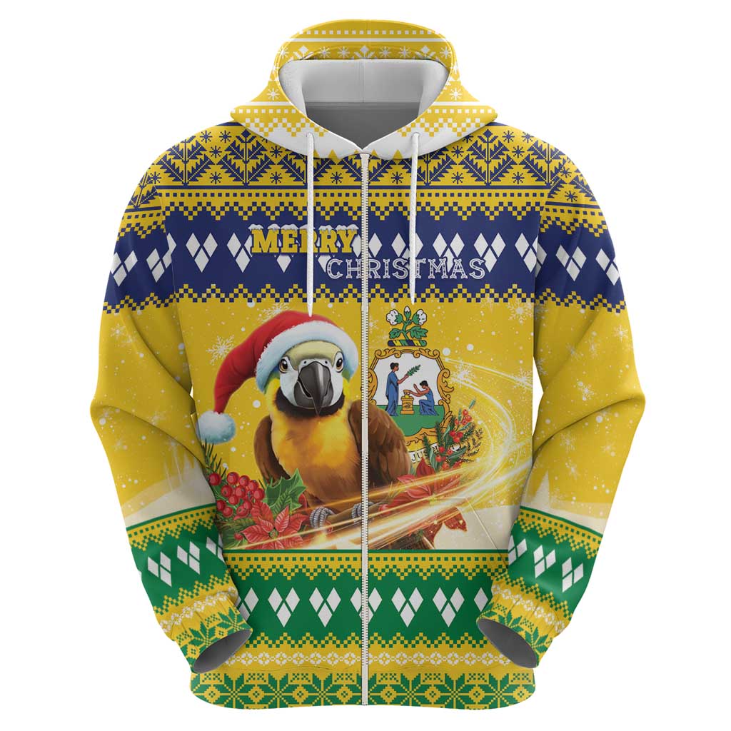 Saint Vincent And The Grenadines Christmas Zip Hoodie Santa Vincent Parrot With Coat Of Arms - Wonder Print Shop