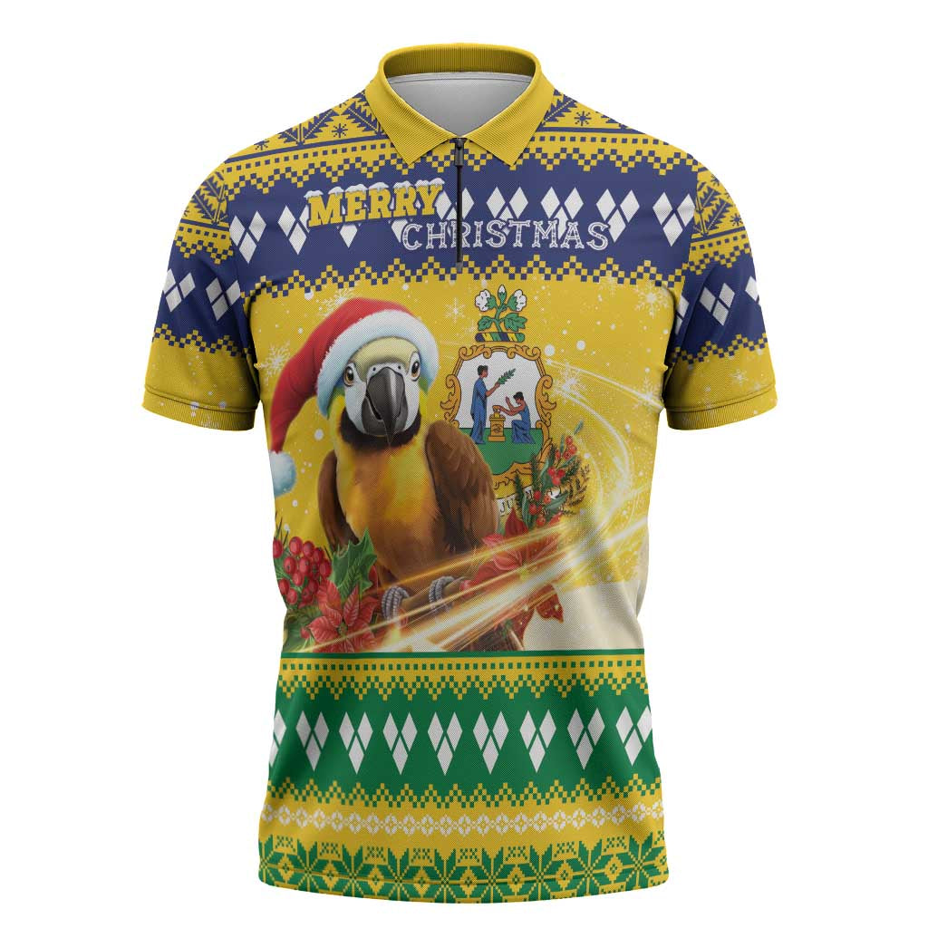Saint Vincent And The Grenadines Christmas Zipper Polo Shirt Santa Vincent Parrot With Coat Of Arms - Wonder Print Shop