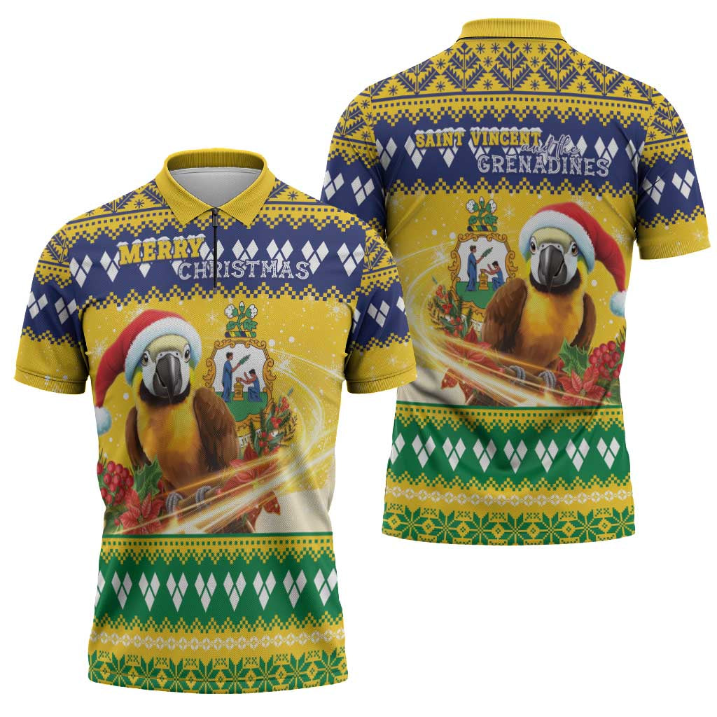 Saint Vincent And The Grenadines Christmas Zipper Polo Shirt Santa Vincent Parrot With Coat Of Arms - Wonder Print Shop