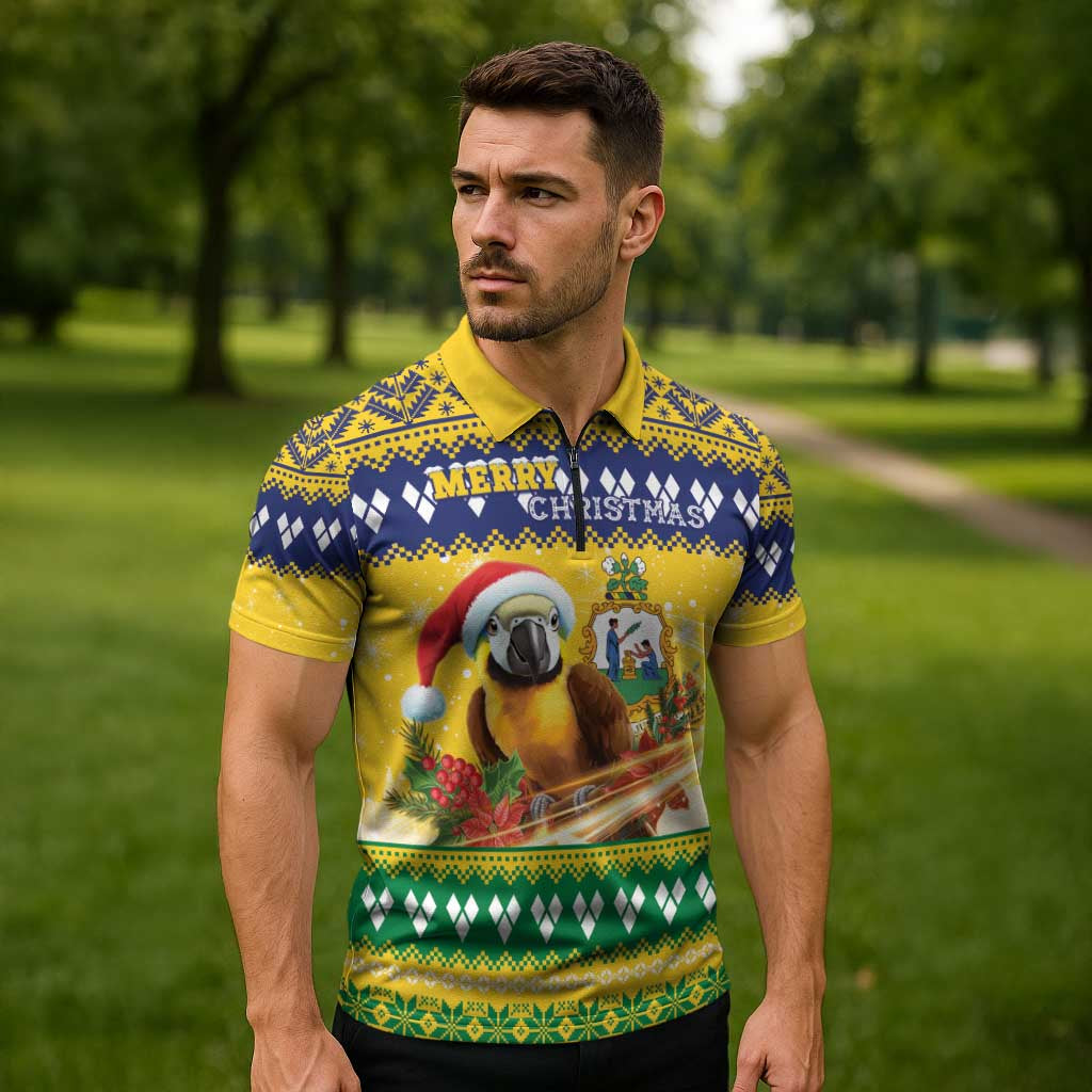 Saint Vincent And The Grenadines Christmas Zipper Polo Shirt Santa Vincent Parrot With Coat Of Arms - Wonder Print Shop