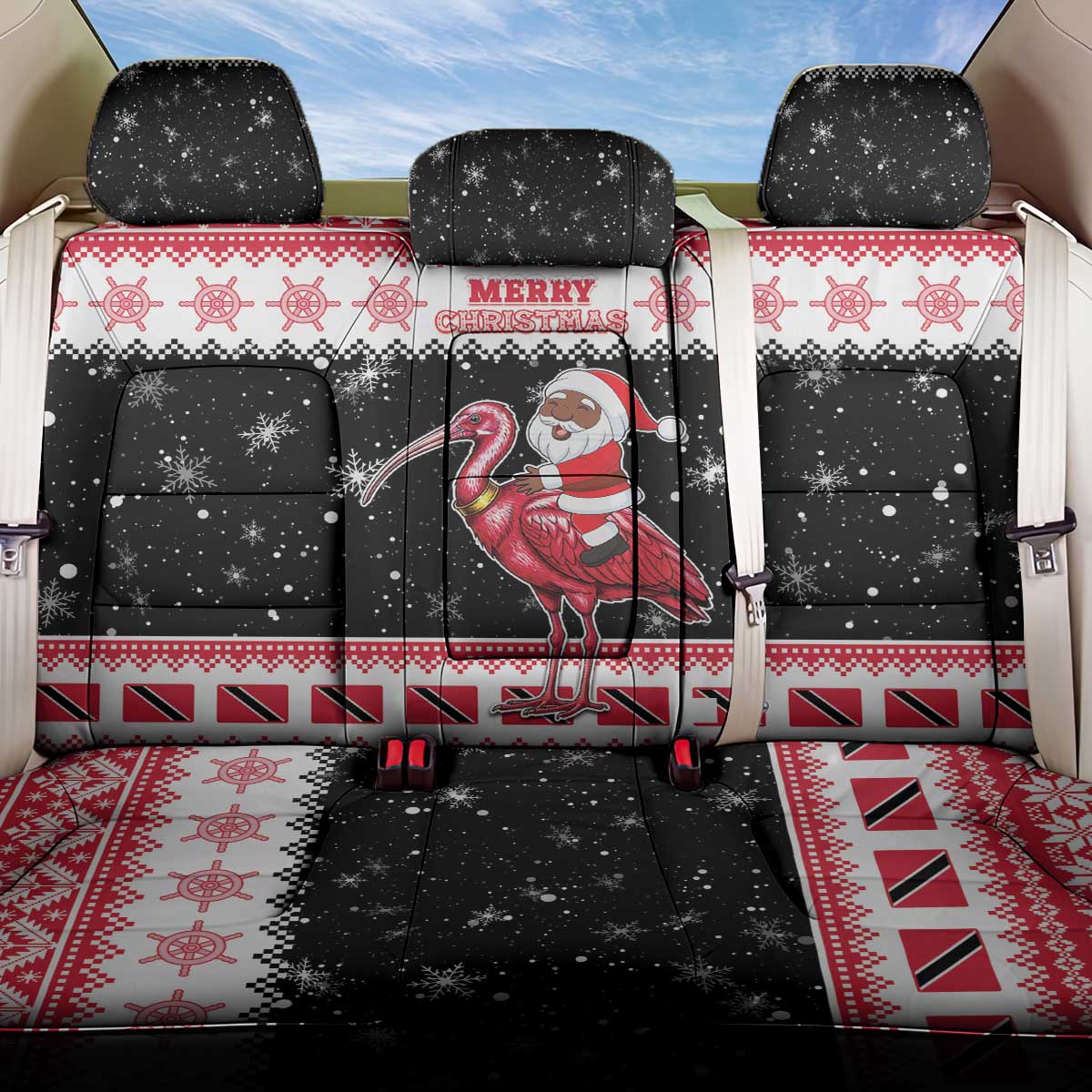 Trinidad And Tobago Christmas Back Car Seat Cover Funny Santa Riding Scarlet Ibis - Wonder Print Shop