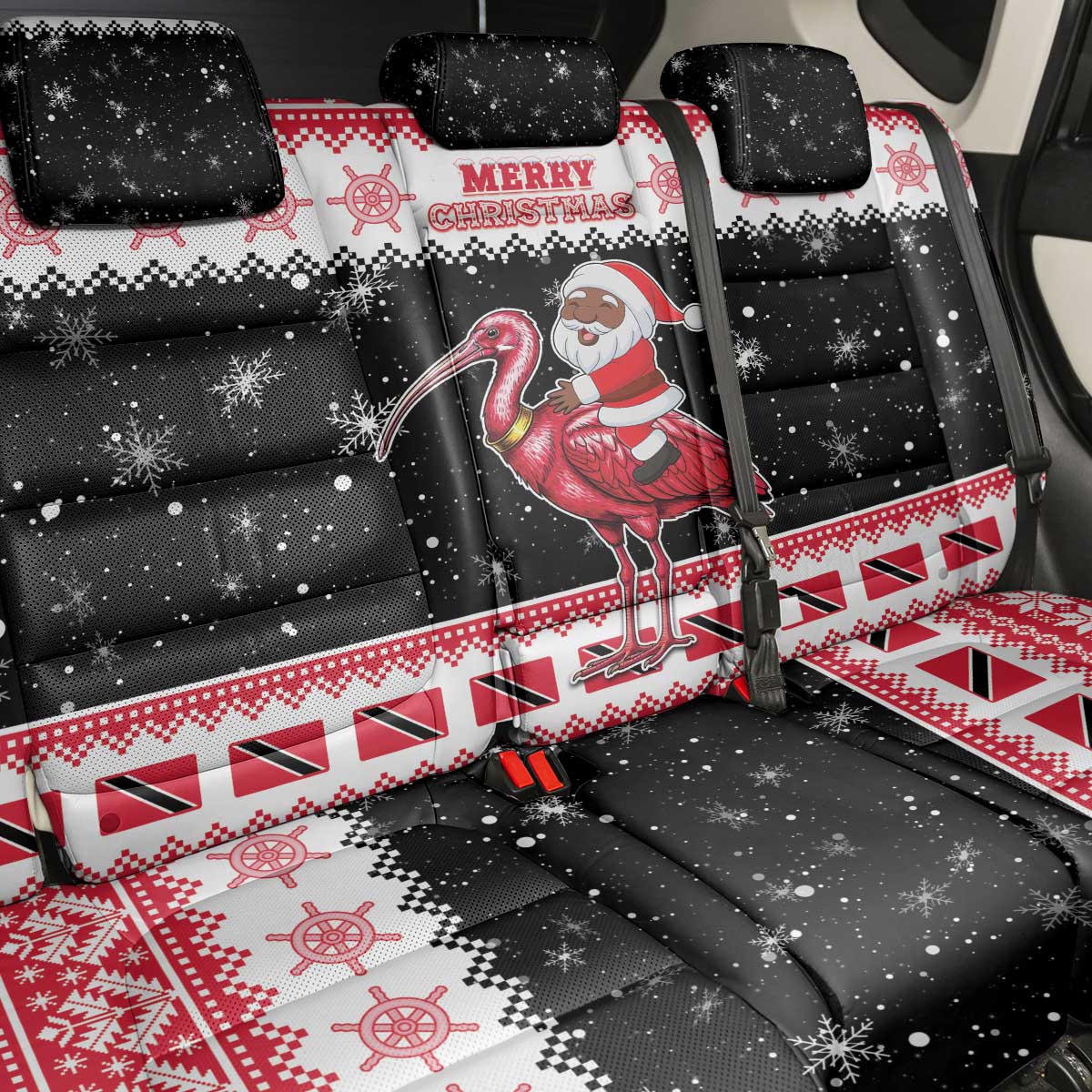 Trinidad And Tobago Christmas Back Car Seat Cover Funny Santa Riding Scarlet Ibis - Wonder Print Shop