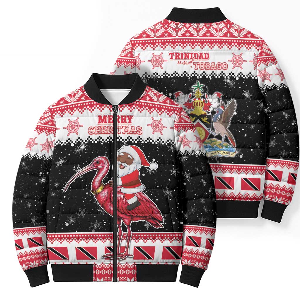 Trinidad And Tobago Christmas Bomber Puffer Jacket Funny Santa Riding Scarlet Ibis - Wonder Print Shop