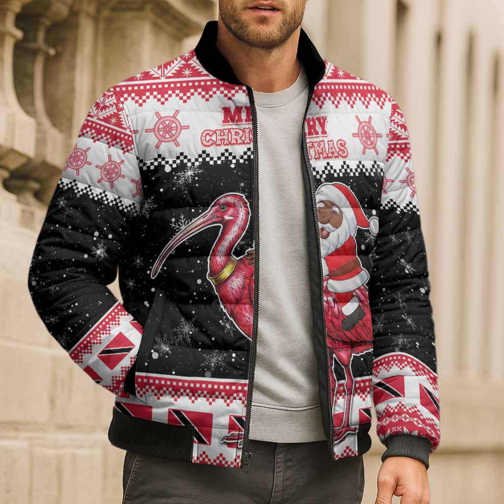Trinidad And Tobago Christmas Bomber Puffer Jacket Funny Santa Riding Scarlet Ibis - Wonder Print Shop