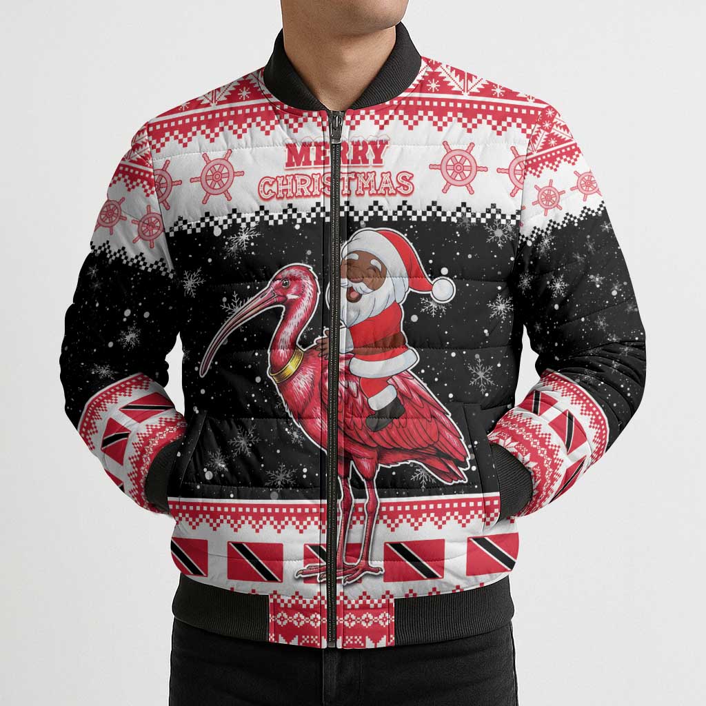 Trinidad And Tobago Christmas Bomber Puffer Jacket Funny Santa Riding Scarlet Ibis - Wonder Print Shop