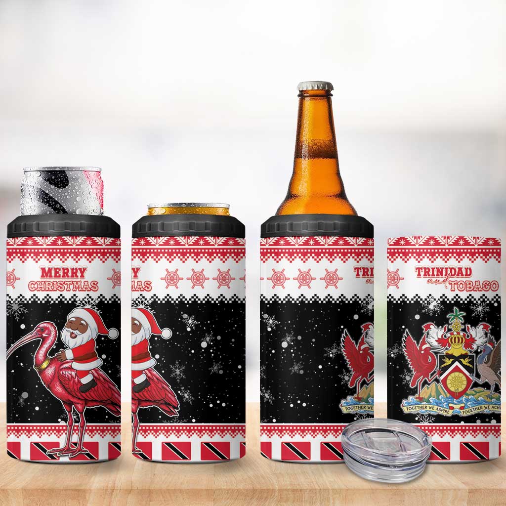 Trinidad And Tobago Christmas 4 in 1 Can Cooler Tumbler Funny Santa Riding Scarlet Ibis - Wonder Print Shop