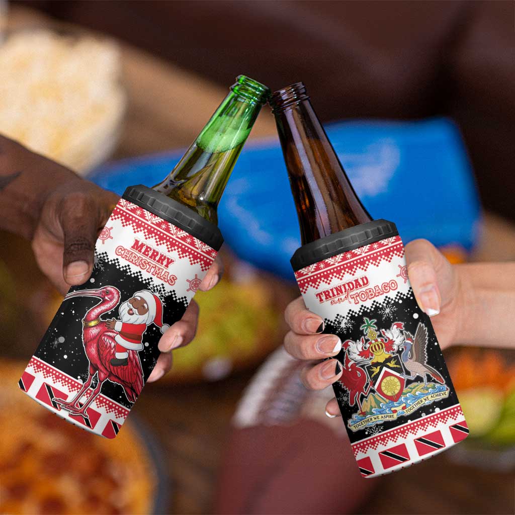 Trinidad And Tobago Christmas 4 in 1 Can Cooler Tumbler Funny Santa Riding Scarlet Ibis - Wonder Print Shop