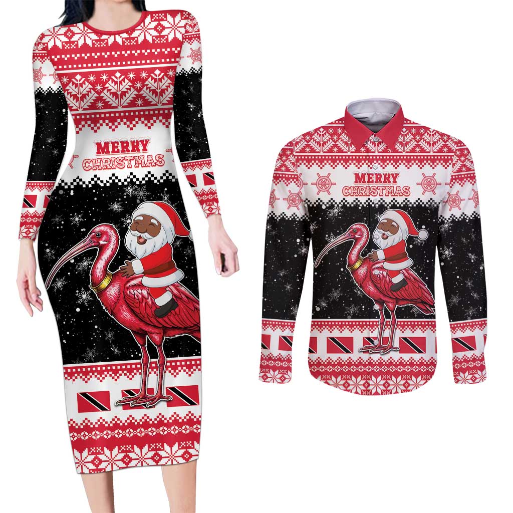 Trinidad And Tobago Christmas Couples Matching Long Sleeve Bodycon Dress and Long Sleeve Button Shirt Funny Santa Riding Scarlet Ibis - Wonder Print Shop