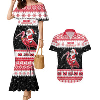 Trinidad And Tobago Christmas Couples Matching Mermaid Dress and Hawaiian Shirt Funny Santa Riding Scarlet Ibis - Wonder Print Shop