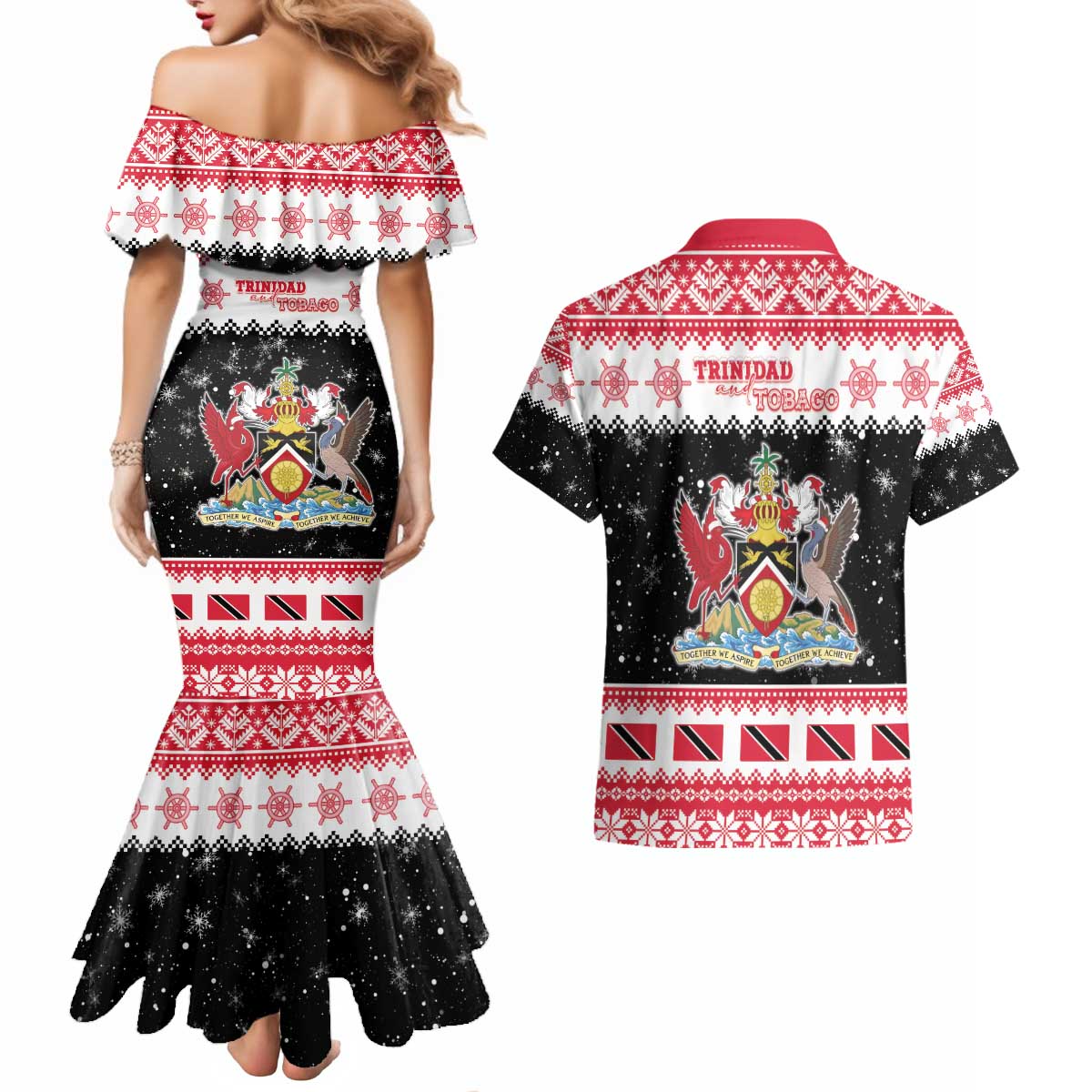 Trinidad And Tobago Christmas Couples Matching Mermaid Dress and Hawaiian Shirt Funny Santa Riding Scarlet Ibis - Wonder Print Shop