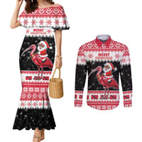 Trinidad And Tobago Christmas Couples Matching Mermaid Dress and Long Sleeve Button Shirt Funny Santa Riding Scarlet Ibis - Wonder Print Shop